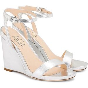 NIB AGL Sandals SILVER LEATHER 3.5" WEDGE HEELS Size 40 (9.5) NEW $485